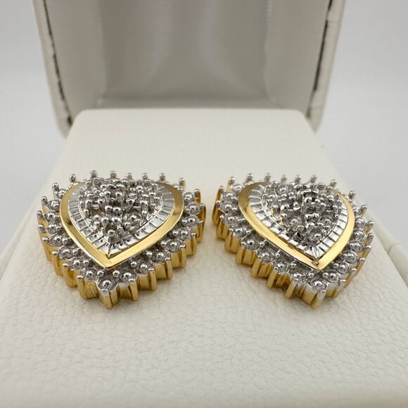 Two Tone Diamond Heart Stud Earrings in Sterling with 14 kt Gold Overlay - Picture 13 of 15